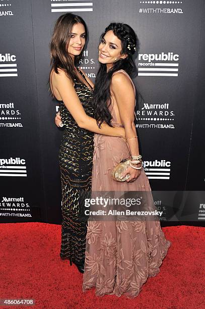 Model Emily Ratajkowski and actress Vanessa Hudgens attend Republic Records private Post-VMA celebration at Ysabel on August 30, 2015 in West...