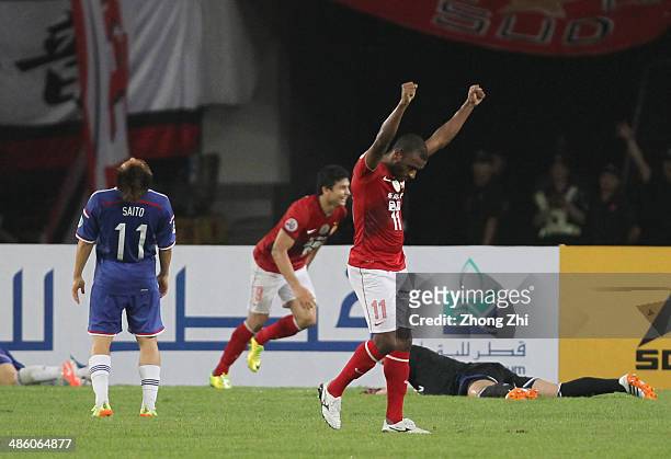Luiz Muriqui celebrates a goal of teammate Elkeson de Oliveira Cardoso of Guangzhou Evergrande during the AFC Asian Champions League match between...