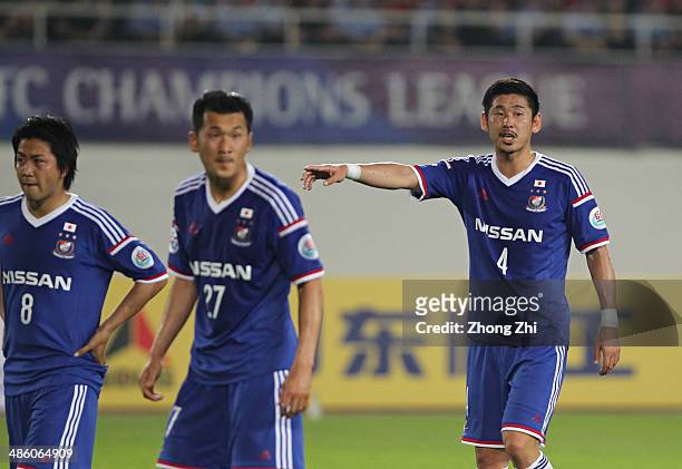 Kurihara Yuzo of Yokohama F. Marinos and his team mates Nakamachi Kosuke and Tomisawa Seitaro react during the AFC Asian Champions League match...