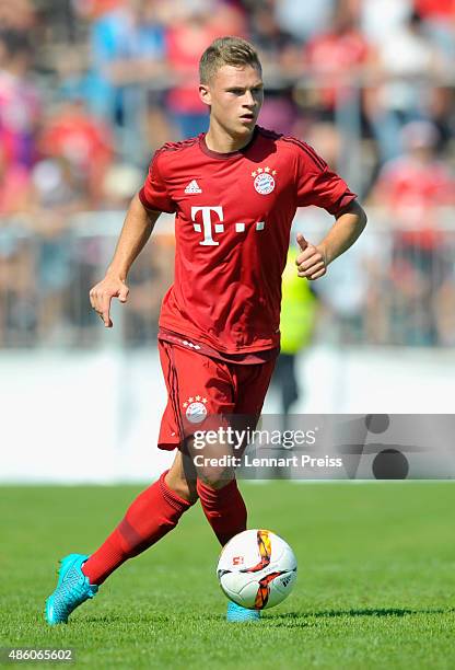 Joshua Kimmich of FC Bayern Muenchen in action during a friendly match between Fanclub Red Power and FC Bayern Muenchen on August 30, 2015 in...