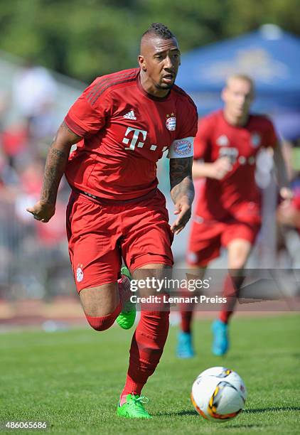 Jerome Boateng of FC Bayern Muenchen in action during a friendly match between Fanclub Red Power and FC Bayern Muenchen on August 30, 2015 in...