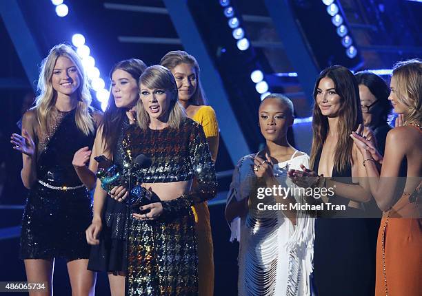 Taylor Swift with her "Bad Blood" cast onstage during the 2015 MTV Video Music Awards held at Microsoft Theater on August 30, 2015 in Los Angeles,...