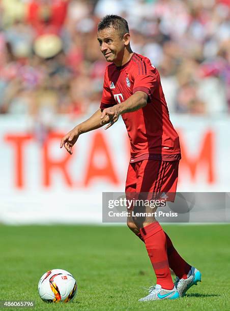 Rafinha of FC Bayern Muenchen in action during a friendly match between Fanclub Red Power and FC Bayern Muenchen on August 30, 2015 in Deggendorf,...