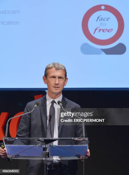 Of French telecom group Iliad Maxime Lombardini talks during a press conference to present the group's 2015 first half results on August 31, 2015 in...