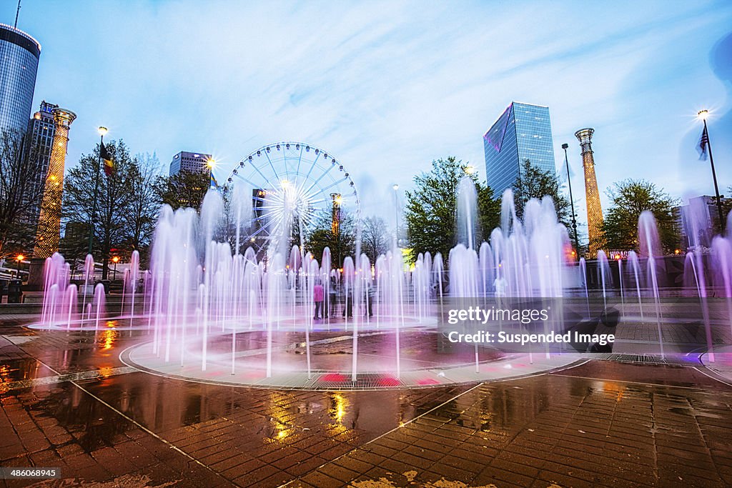 Colorful Centennial Fountain at night