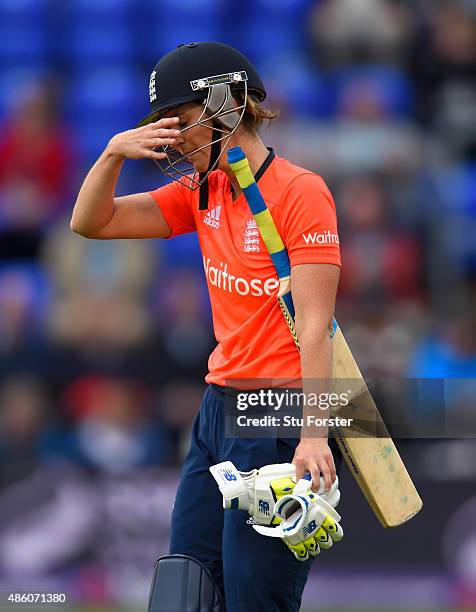 England batsman Charlotte Edwards reacts after being dismissed during the 3rd NatWest T20 of the Women's Ashes Series between England and Australia...