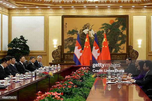 Chinese President Xi Jinping meets with Cambodian King Norodom Sihamoni at the Great Hall of the People on August 31, 2015 in Beijing, China....