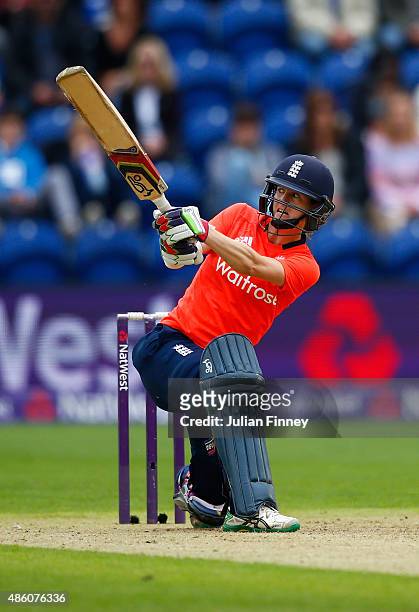 Lydia Greenway of England hits out during the 3rd NatWest T20 of the Women's Ashes Series between England and Australia Women at SWALEC Stadium on...