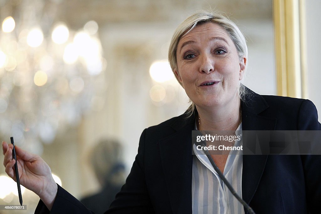 French Far-Right FN Party Marine Le Pen Delivers A Speech