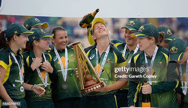 Australia captain Meg Lanning lifts the Women's Ashes Trophy after the 3rd NatWest T20 of the Women's Ashes Series between England and Australia...