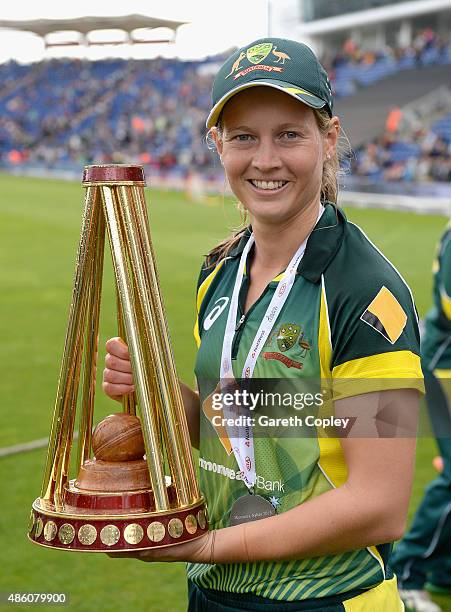 Australia captain Meg Lanning lifts the Women's Ashes Trophy after the 3rd NatWest T20 of the Women's Ashes Series between England and Australia...