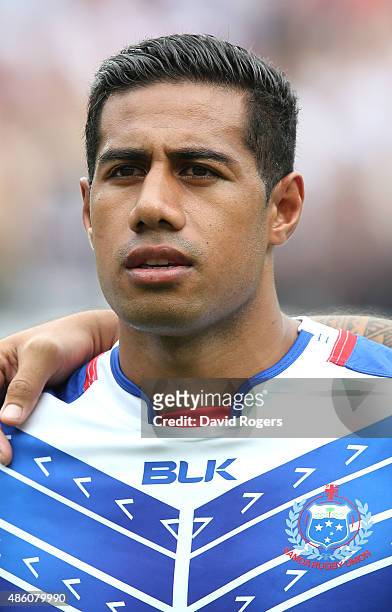Portrait of Ken Pisi of Samoa during the Rugby Union match between the Barbarians and Samoa at the Olympic Stadium on August 29, 2015 in London,...