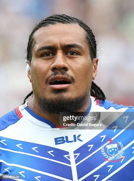 Portrait of Filo Paulo of Samoa during the Rugby Union match between the Barbarians and Samoa at the Olympic Stadium on August 29, 2015 in London,...