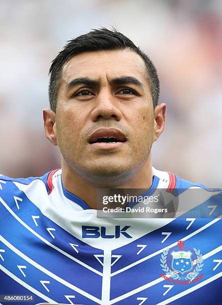 Portrait of Tusi Pisi of Samoa during the Rugby Union match between the Barbarians and Samoa at the Olympic Stadium on August 29, 2015 in London,...