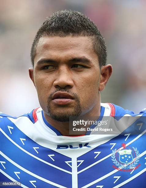 Portrait of Faatoina Autagavaia of Samoa during the Rugby Union match between the Barbarians and Samoa at the Olympic Stadium on August 29, 2015 in...