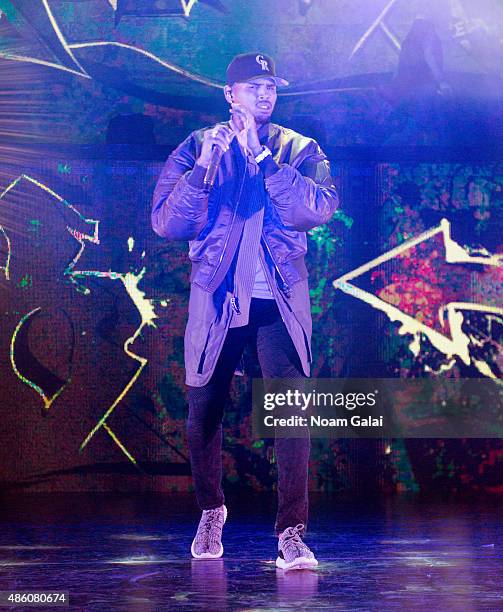 Chris Brown performs during the 'One Hell of a Nite' tour at Nikon at Jones Beach Theater on August 30, 2015 in Wantagh, New York.