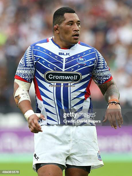 Anthony Perenise of Samoa looks on during the Rugby Union match between the Barbarians and Samoa at the Olympic Stadium on August 29, 2015 in London,...