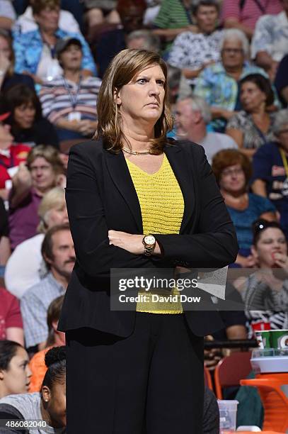 Anne Donovan, head coach of the Connecticut Sun looks on during the game against the New York Liberty on August 29, 2015 at the Mohegan Sun Arena in...