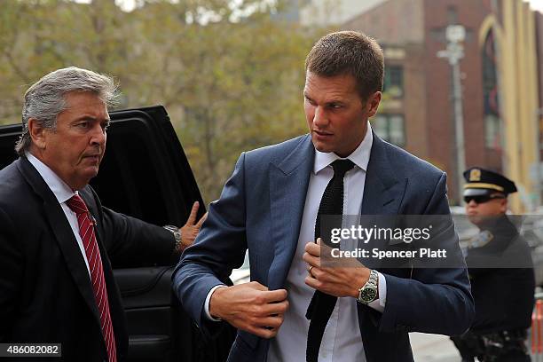 Quarterback Tom Brady of the New Englang Patriots arrives at federal court to contest his four game suspension on August 31, 2015 in New York City....