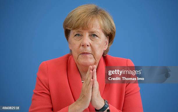German Chancellor Angela Merkel attends a press conference on August 31, 2015 in Berlin, Germany. During the annual press conference, the German...