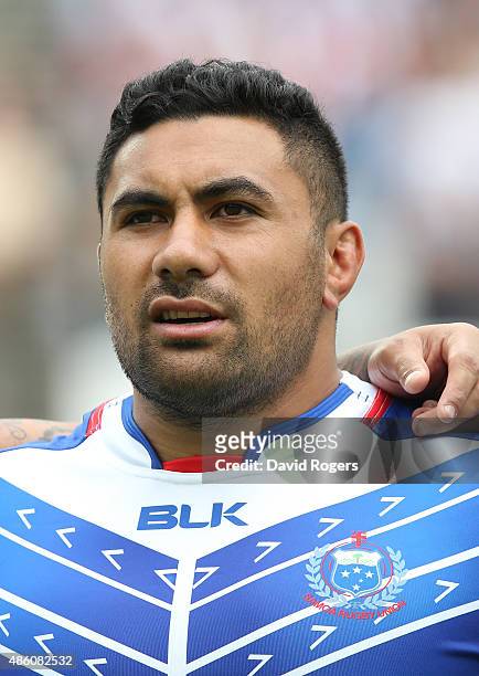 Portrait of Manu Leiataua of Samoa during the Rugby Union match between the Barbarians and Samoa at the Olympic Stadium on August 29, 2015 in London,...