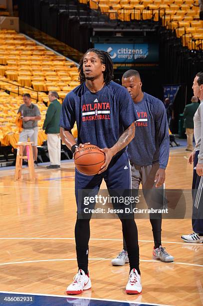 Cartier Martin of the Atlanta Hawks warms up before Game One of the Eastern Conference Quarterfinals against the Indiana Pacers during the 2014 NBA...