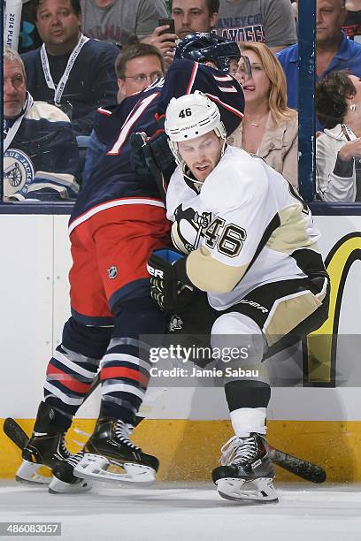 Joe Vitale of the Pittsburgh Penguins skates against the Columbus Blue Jackets in Game Three of the First Round of the 2014 Stanley Cup Playoffs on...