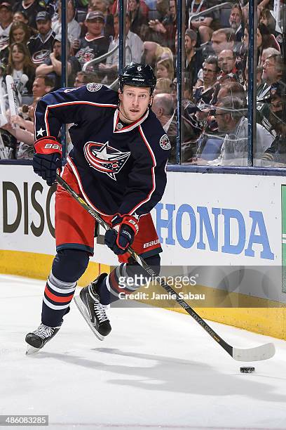 Nikita Nikitin of the Columbus Blue Jackets skates with the puck against the Pittsburgh Penguins in Game Three of the First Round of the 2014 Stanley...