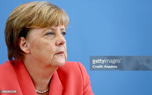 German Chancellor Angela Merkel attends a press conference in Berlin, Germany, on August 31, 2015. Chancellor Merkel held her annual press conference...
