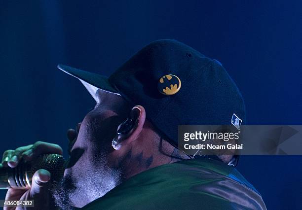 Chris Brown, hat detail, performs during the 'One Hell of a Nite' tour at Nikon at Jones Beach Theater on August 30, 2015 in Wantagh, New York.