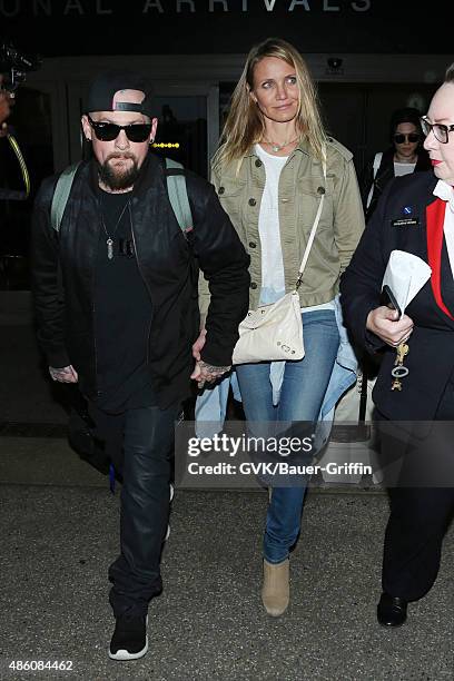 Cameron Diaz, Benji Madden, and Jessie J are seen at LAX. On August 31, 2015 in Los Angeles, California.