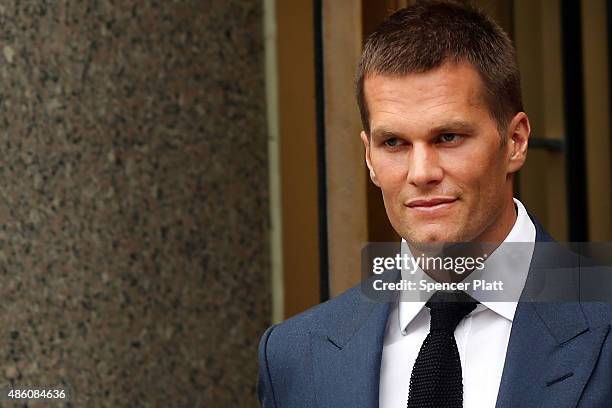 Quarterback Tom Brady of the New England Patriots leaves federal court after contesting his four game suspension with the NFL on August 31, 2015 in...