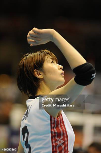 Saori Kimura of japan looks on during the match between Japan and South Korea during the FIVB Women's Volleyball World Cup Japan 2015 at Sendai City...