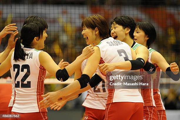 Saori Kimura of japan celebrates with teammates during the match between Japan and South Korea during the FIVB Women's Volleyball World Cup Japan...