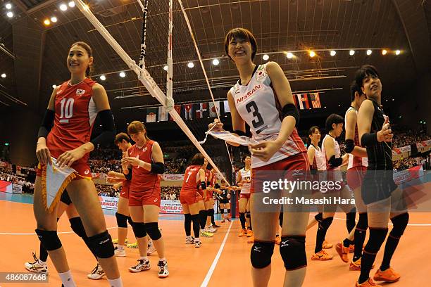Saori Kimura of japan and Kim Yeonkoung of Korea Republic look on prior to the match between Japan and South Korea during the FIVB Women's Volleyball...