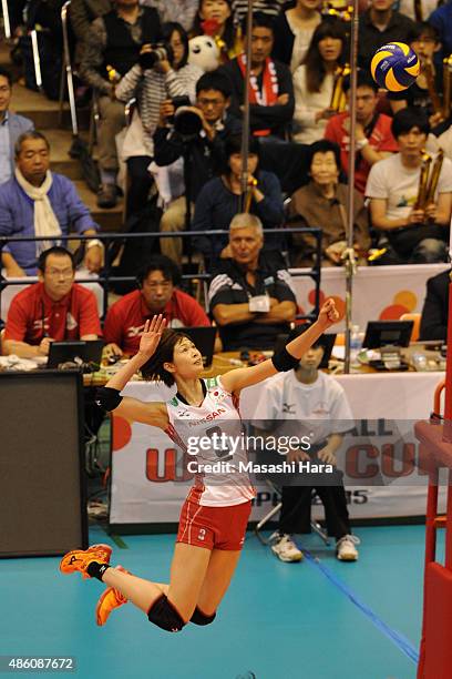 Saori Kimura of japan spikes during the match between Japan and South Korea during the FIVB Women's Volleyball World Cup Japan 2015 at Sendai City...