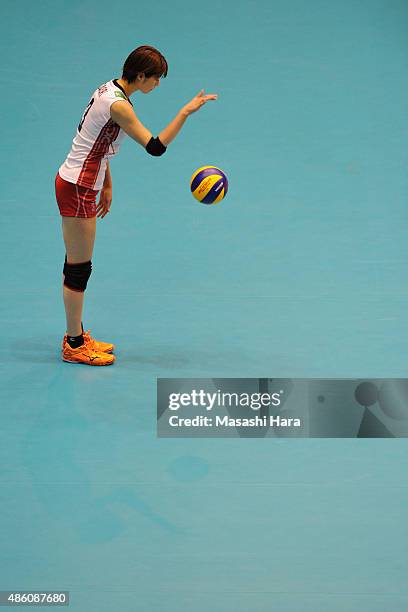Saori Kimura of japan looks on before serve during the match between Japan and South Korea during the FIVB Women's Volleyball World Cup Japan 2015 at...
