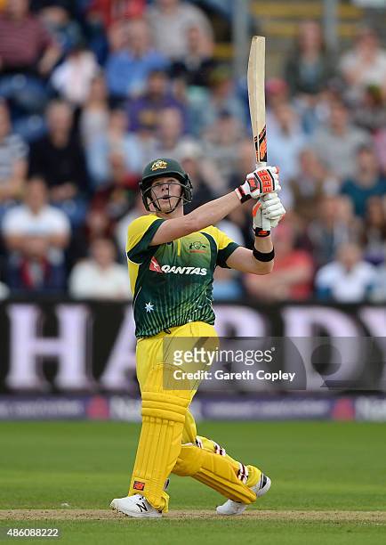 Australian captain Steven Smith hits out for six runs during the NatWest T20 International match between England and Australia at SWALEC Stadium on...