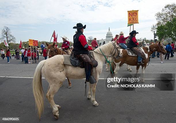 Native Americans, farmers and ranchers prepare to march in front of the US Capitol in Washington on April 22, 2014 as the Cowboy and Indian Alliance...