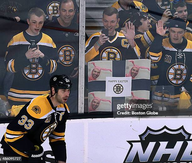 Some fans greeted Bruins captain Zdeno Chara with an Easter themed sign as he skated by them before the game. The Boston Bruins hosted the Detroit...