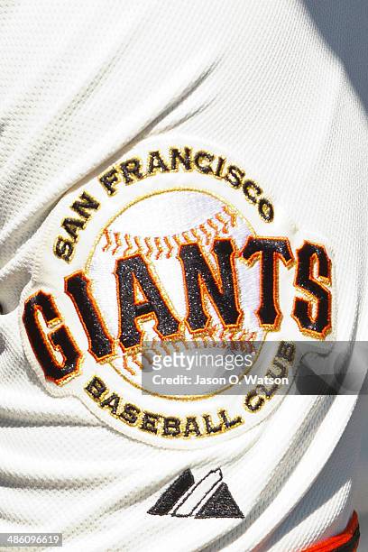 Detailed view of a San Francisco Giants logo on the sleeve of Buster Posey before the game against the Los Angeles Dodgers at AT&T Park on April 17,...