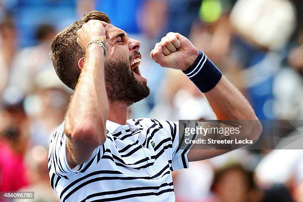 Benoit Paire of France reacts after defeating Kei Nishikori of Japan during their Men's Single First Round match on Day One of the 2015 US Open at...