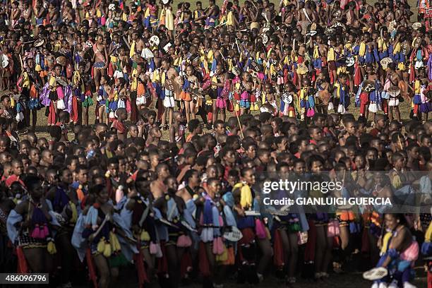 Maidens sing and dance during the last day of the annual royal Reed Dance at the Ludzidzini Royal palace on August 31, 2015 in Lobamba, Swaziland....