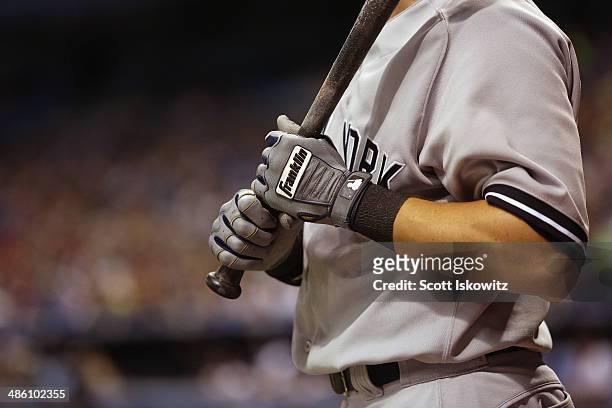 Detail shot of Scott Sizemore of the New York Yankees wearing his Franklin batting gloves at Tropicana Field on April 18, 2014 in St Petersburg,...