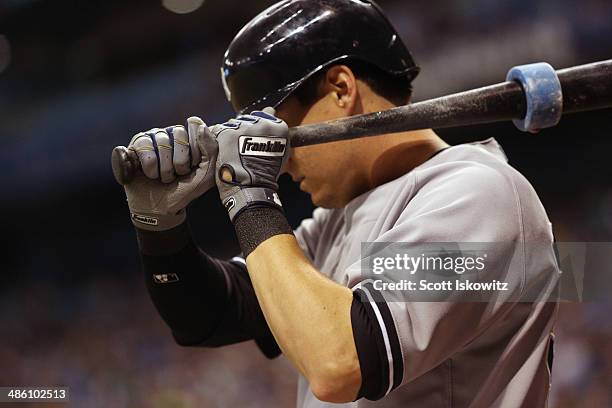 Detail shot of Scott Sizemore of the New York Yankees wearing his Franklin batting gloves at Tropicana Field on April 18, 2014 in St Petersburg,...