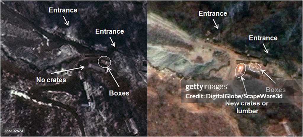 DigitalGlobe Imagery from April 6th 2014 and April 19th 2014 and shows Low Level Activity at the South Portal Area of North Koreas Punggye-ri Nuclear Test Site.  Analysis published by 38 North.