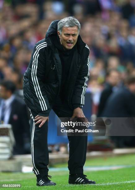 Manager Jose Mourinho of Chelsea shouts from the dug out during the UEFA Champions League Semi Final first leg match between Club Atletico de Madrid...