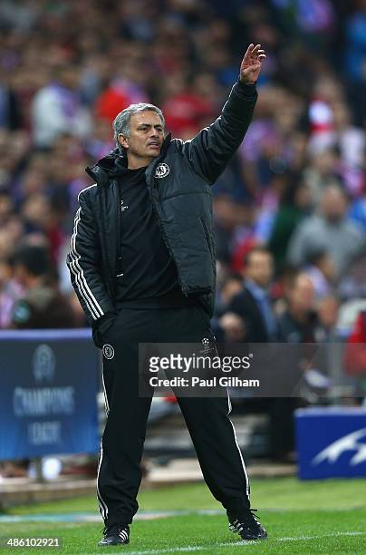 Manager Jose Mourinho of Chelsea shouts from the dug out during the UEFA Champions League Semi Final first leg match between Club Atletico de Madrid...