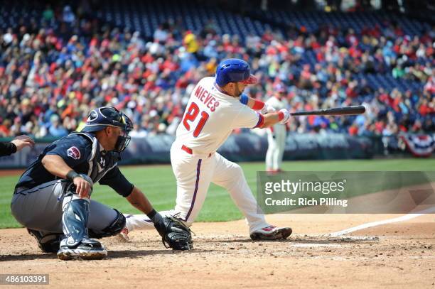 Will Nieves of the Philadelphia Phillies bats during the game against the Atlanta Braves on April 17, 2014 at Citizens Bank Park in Philadelphia,...