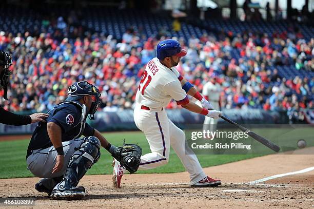 Will Nieves of the Philadelphia Phillies bats during the game against the Atlanta Braves on April 17, 2014 at Citizens Bank Park in Philadelphia,...